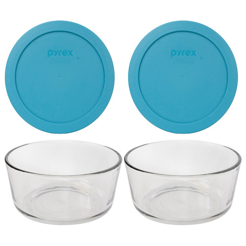 Pyrex (2) 7201 4-Cup Glass Bowls & (2) 7201-PC Teal Blue Lids