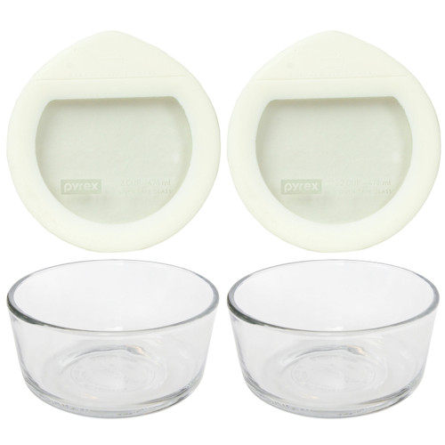 Pyrex 7200 2-Cup Clear Glass Storage Bowl w/ Pyrex OV-7200 Glass and White Silicone Lid (2-Pack)