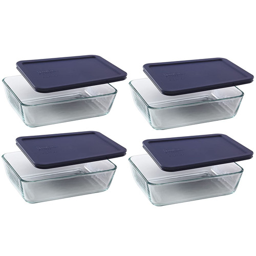 Pyrex 7212 11-Cup Glass Food Storage Dish and 7212-PC Dark Blue Lid Cover (4-Pack)