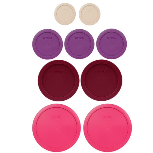 Pyrex (2) 7202-PC Blush Pink lids & (3) 7200-PC Thistle Purple lids & (2) 7201-PC Sangria Red lids & (2) 7402-PC Fuchsia Pink Lids