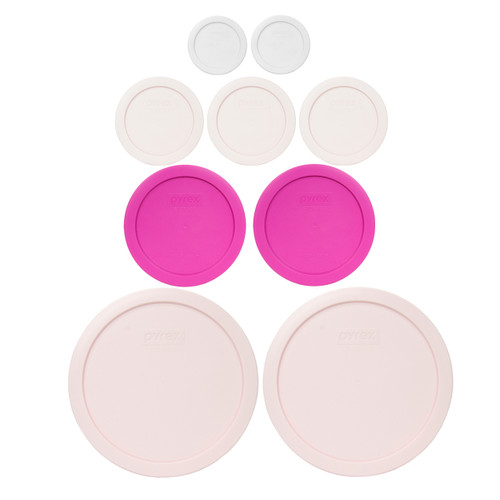 Pyrex (2) 7202-PC White lids, (3) 7200-PC Nouveau Pink lids, (2) 7201-PC Pink lids, (2) 7402-PC Loring Pink Lids