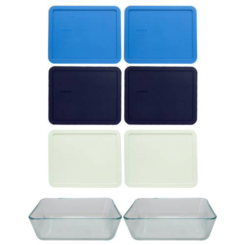 Pyrex (2) 7212 11 Cup Glass Dishes & (2) White Lids, (2) Blue Lids and (2) Marine Blue Lids