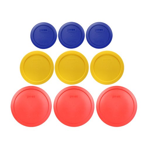 Pyrex (3) 7200-PC Cadet Blue Lids, (3) 7201-PC Meyer Lemon Lids, and (3) 7402-PC Red Lids