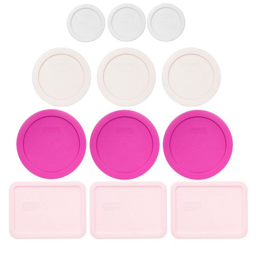Pyrex (3) 7202-PC White Lids, (3) 7200-PC Nouveau Pink Lids, (3) 7201-PC Pink Lids, and (3) 7210-PC Loring Pink Lids