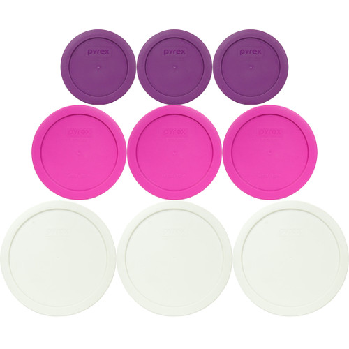 Pyrex (3) 7200-PC Thistle Purple Lids, (3) 7201-PC Berry Pink Lids, and (3) 7402-PC Sage Green Lids