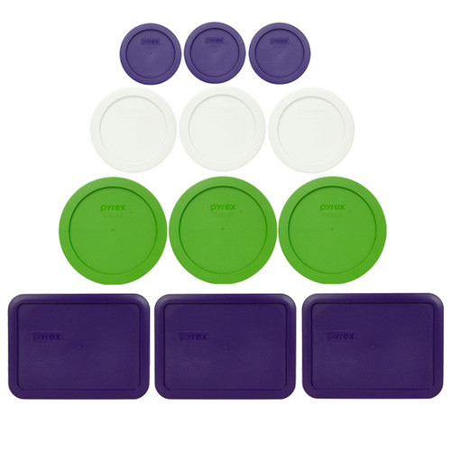 Pyrex (3) 7202-PC-PC Plum Purple, (3) 7200-PC White Lids, (3) 7201-PC Lawn Green Lids, and (3) 7210-PC Plum Purple Lids