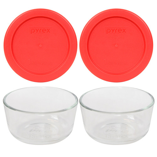 Pyrex (2) 7202 1-Cup Glass Bowls & (2) Pyrex 7202-PC 1-Cup Red Lids