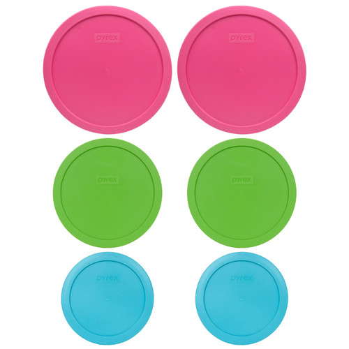 Pyrex (2) 7403-PC Pink Lids, (2) 7402-PC Green Lids, (2) 7201-PC Surf Blue Lids Made in the USA