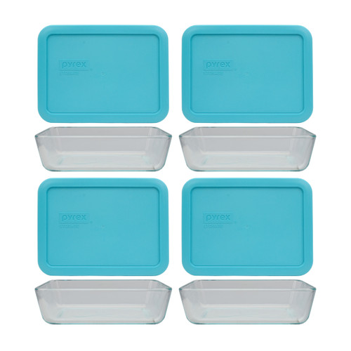 Pyrex 7210 3-Cup Rectangle Glass Food Storage Dish w/ 7210-PC 3-Cup Surf Blue Lid Cover (4-Pack)