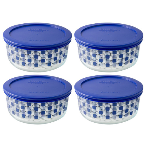 Pyrex 4-Cup 7201 Cadet Blue Small Square Dots with 7201-PC Lid (4-Pack)