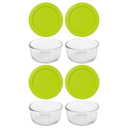 Pyrex Simply Store 7200 2-Cup Glass Storage Bowl with 7200-PC 2-Cup Edamame Green Lid Cover (4-Pack)