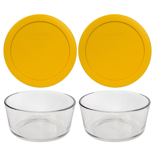 Pyrex 7201 4-Cup Round Glass Food Storage Bowl w/ 7201-PC Butter Yellow Lid Cover (2-Pack)