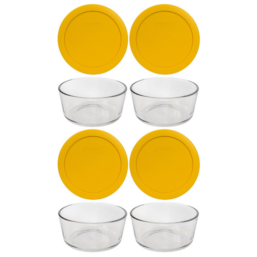 Pyrex 7201 4-Cup Round Glass Food Storage Bowl w/ 7201-PC Butter Yellow Lid Cover (4-Pack)