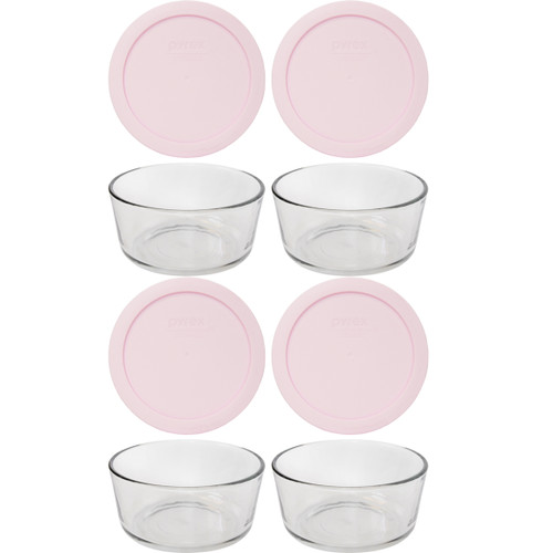 Pyrex 7201 4-Cup Round Glass Food Storage Bowl w/ 7201-PC Loring Pink Lid Cover (4-Pack)