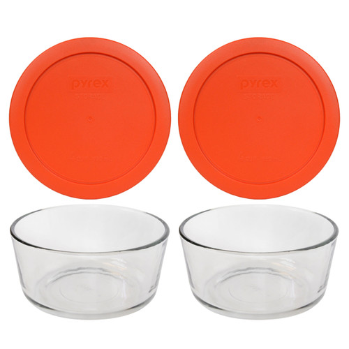 Pyrex 7201 4-Cup Round Glass Food Storage Bowl with 7201-PC Pumpkin Orange Plastic Lid Cover (2-Pack)