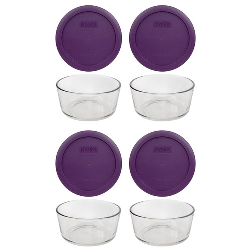 Pyrex 7201 4-Cup Round Glass Food Storage Bowl with 7201-PC Purple Plastic Lid Cover (4-Pack)
