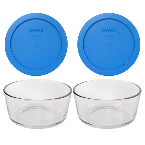 Pyrex 7201 4-Cup Round Glass Food Storage Bowl w/ 7201-PC Marine Blue Lid Cover (2-Pack)