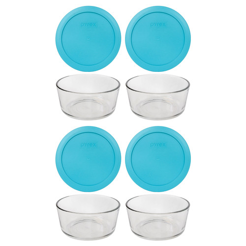 Pyrex 7201 4-Cup Round Glass Food Storage Bowl w/ 7201-PC Surf Blue Lid Cover (4-Pack)