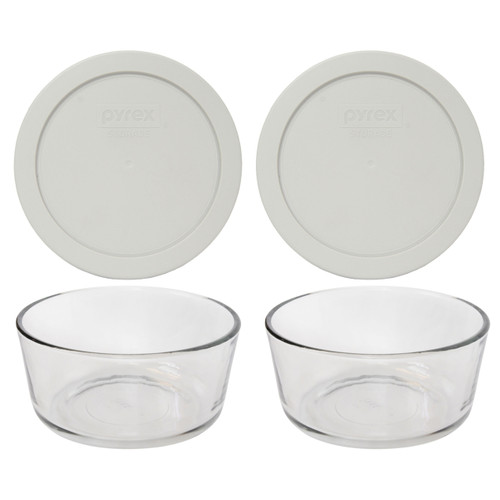 Pyrex 7201 4-Cup Round Glass Food Storage Bowl w/ 7201-PC Sleek Silver Lid Cover (2-Pack)
