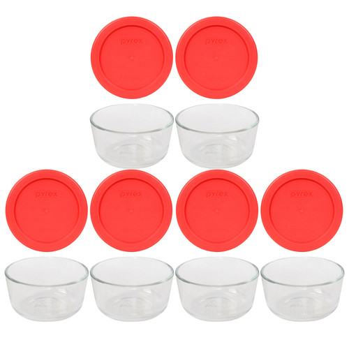 Pyrex 7202 1-Cup Glass Food Storage Bowls w/ Pyrex 7202-PC Red Lid Covers (6-Pack)