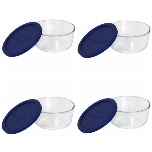 Pyrex 7203 7-Cup Glass Food Storage Bowl and 7402-PC Dark Blue Plastic Lid Cover (4-Pack)