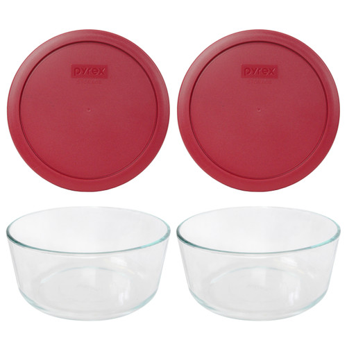 Pyrex 7203 7-Cup Round Glass Food Storage Bowl and 7402-PC Berry Red Plastic Lid Cover (2-Pack)