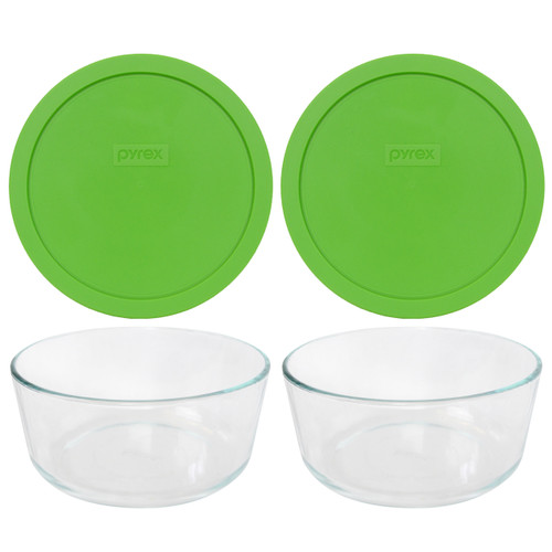  Pyrex 7203 7-Cup Round Glass Food Storage Bowl w/ 7402-PC Green Plastic Lid Cover (2-Pack)