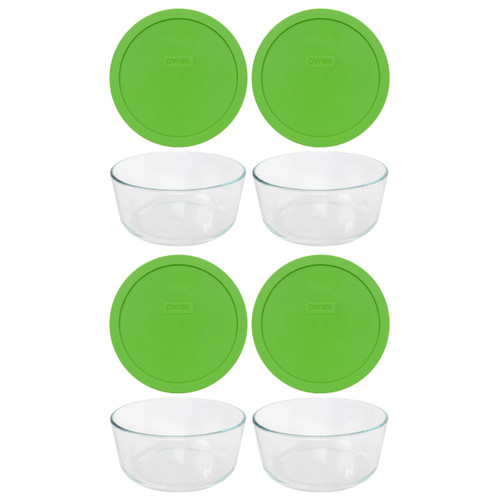  Pyrex 7203 7-Cup Round Glass Food Storage Bowl w/ 7402-PC Green Plastic Lid Cover (4-Pack) 