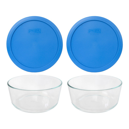 Pyrex 7203 7-Cup Round Glass Storage Bowl and 7402-PC Marine Blue Plastic Lid Cover (2-Pack)