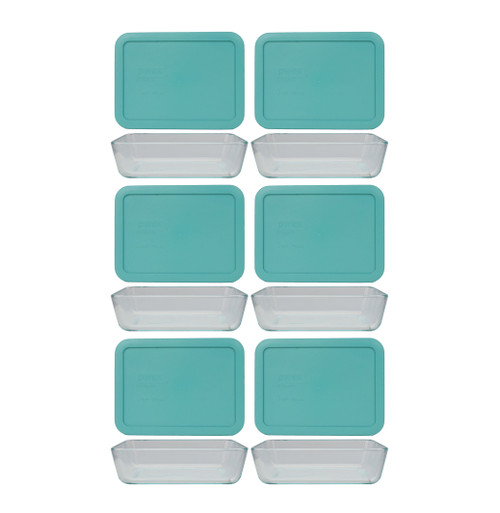 Pyrex 7210 3-Cup Rectangle Glass Food Storage Dish w/ 7210-PC Turquoise Lid Cover (6-Pack)