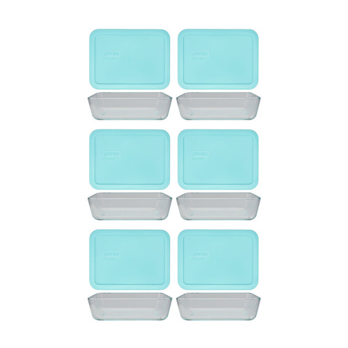 Pyrex 7210 3-Cup Rectangle Glass Food Storage Dish and 7210-PC Sun Bleached Turquoise Plastic Lid (6-Pack)
