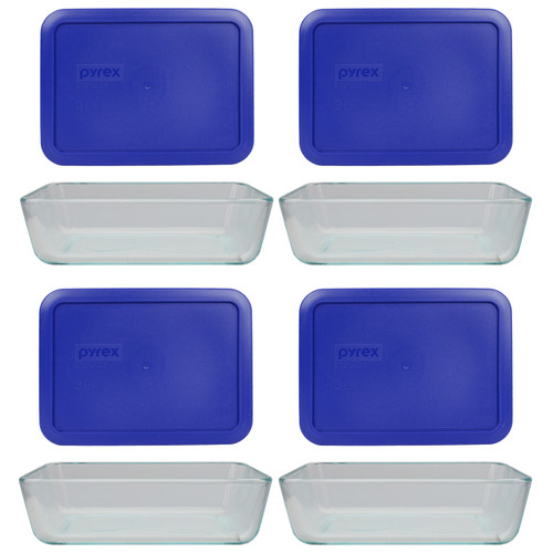 Pyrex 7210 3-Cup Rectangle Glass Food Storage Dish w/ 7210-PC Cadet Blue Lid Cover (4-Pack) 