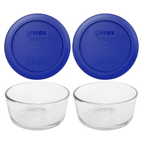 Pyrex (2) Simply Store 7200 2-Cup Glass Storage Bowls w/ (2) 7200-PC Cadet Blue Plastic Lids