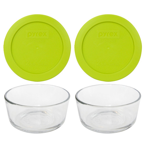 Pyrex (2) 7200 2 Cup Glass Bowls & (2) 7200-PC Edamame Green Food Storage Replacement Lids