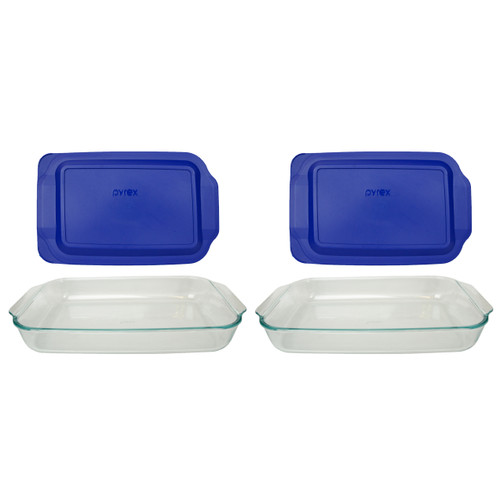 Pyrex (2) 233 3qt Glass Baking Dishes and (2) 233-PC Blue Lagoon Plastic Lids