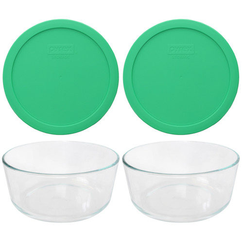 Pyrex (2) 7203 7-Cup Glass Bowls & (2) 7402-PC Bright Green Lids - Made in the USA