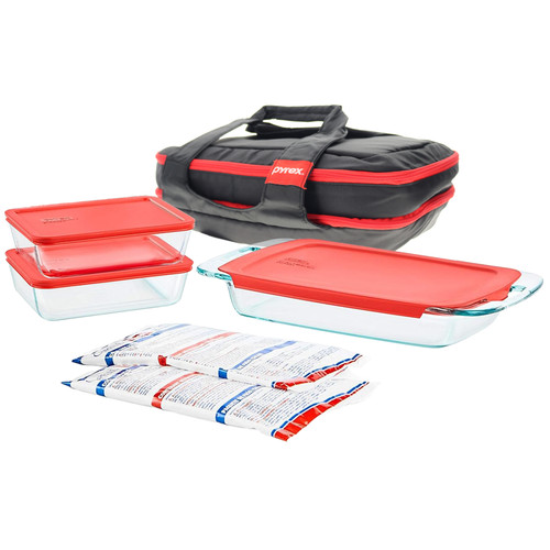 Pyrex Portables™ Black/Red Insulated Tote with (2) 7211 Glass Dishes with Lids, (1) C-233 Glass Baking Dish with Lid, and (2) Large Hot/Cold Packs