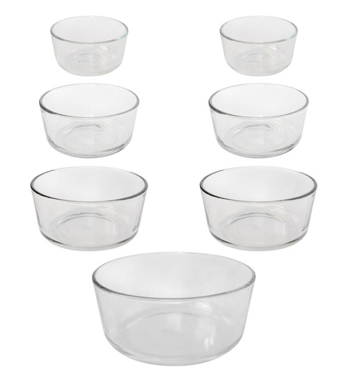 Pyrex (4) 7200 2-Cup Glass Bowls and (4) 7200-PC Sleek Silver Plastic Lids, Clear