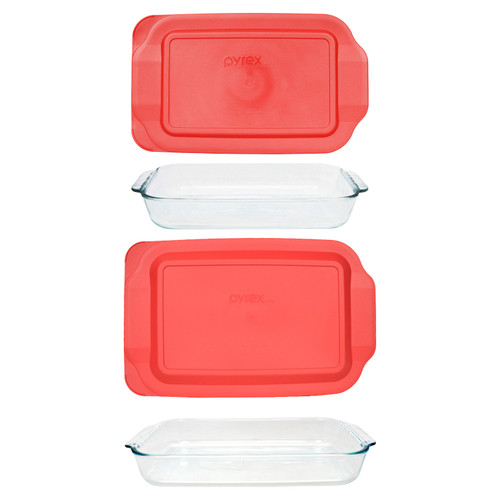 Pyrex 233 3qt & 232 2qt Glass Baking Dishes with 233-PC & 232-PC Red Lids