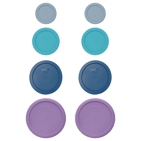 Pyrex (2) 7202-PC Crystal Blue, (2) 7200-PC Aqua Blue, (2) 7201-PC Blue Spruce, and (2) 7402-PC Lavender Lids