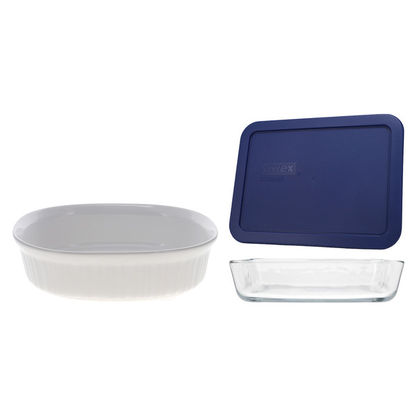 CorningWare FS2 2.5qt / 2.35L Oval French White Casserole Dish and Pyrex 7210 3-Cup Glass Container with 7210-PC Blue Lid