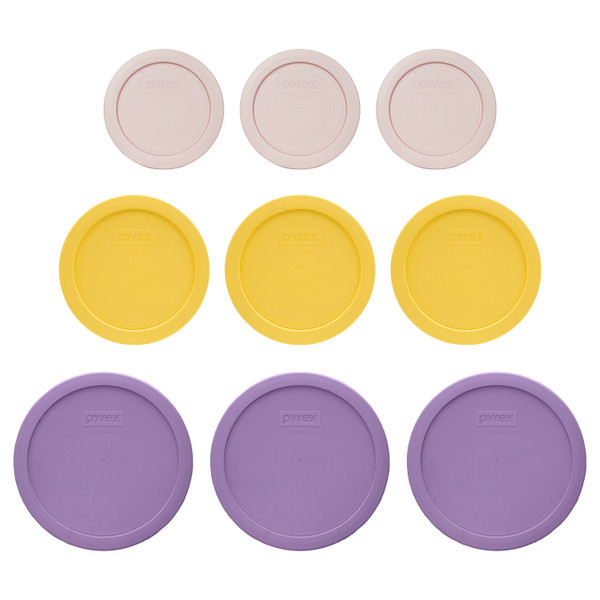 ​Pyrex (3) 7200-PC 2 Cup Nouveau Pink Lids, (3) 7201-PC 4 Cup Yolk Yellow Lids and (3) 7402-PC 6/7 Cup Lavender Purple Lids​