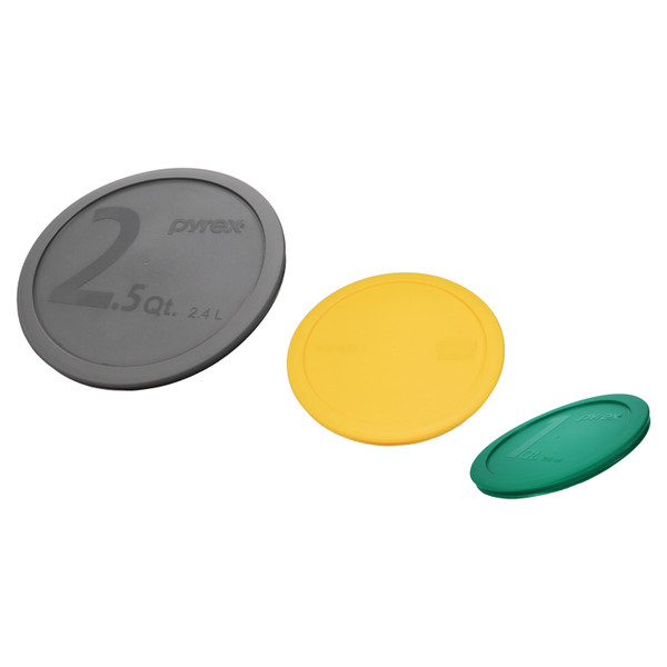 Pyrex 322-PC 1qt Green, 323-PC 1.5qt Meyer Lemon, & 325-PC 2.5qt Puddle Gray Mixing Bowl Lids