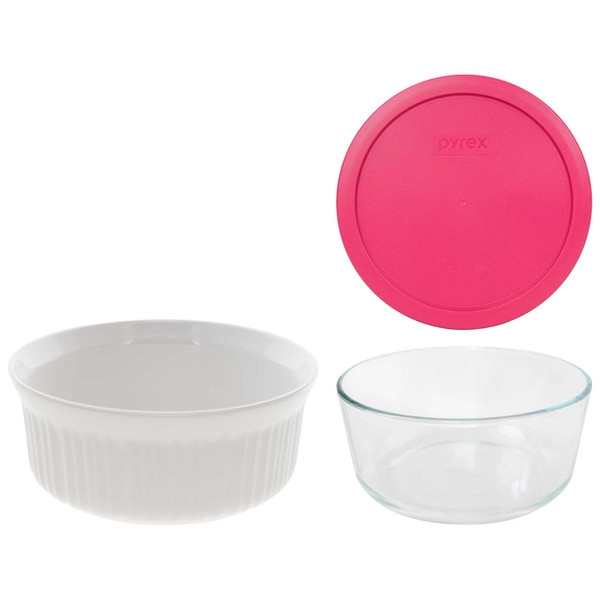 Corningware FS1 2.5 qt / 2.35 L Round French White Casserole Dish and Pyrex 7203 7 Cup Glass Container with 7402-PC Fuchsia Pink Lid