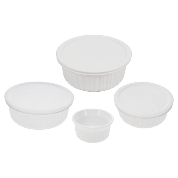 CorningWare Round French White Casserole Dish Set of (1) RS4, (1) FS16 with (1) F-16, (1) FS24 with (1) F-24, and (1) FS5 with (1) F-5-PC Lid