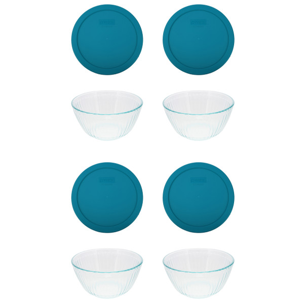 Pyrex (4) 7402 6-Cup/1.5L Sculpted Glass Mixing Bowls and (4) 7402-PC 6/7-Cup Adriatic Blue Lids