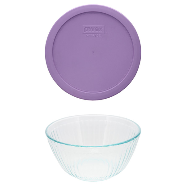 Pyrex (1) 7402 6-Cup Sculpted Glass Mixing Bowl and (1) 7402-PC 6/7-Cup Lavender Purple Lid