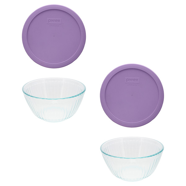Pyrex (2) 7402 6-Cup Sculpted Glass Mixing Bowls and (2) 7402-PC 6/7-Cup Lavender Purple Lids