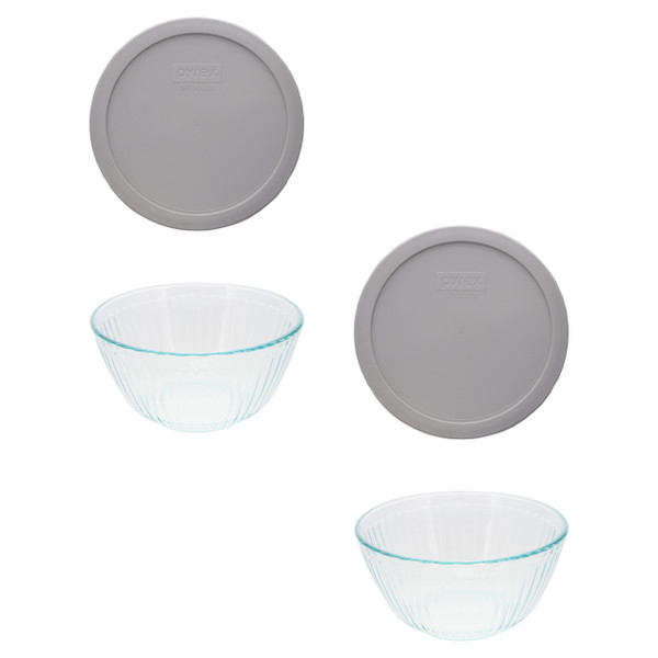 Pyrex 7402 6-Cup Sculpted Glass Mixing Bowls and 7402-PC 6/7-Cup Rainstorm Blue Lids (2-Pack)