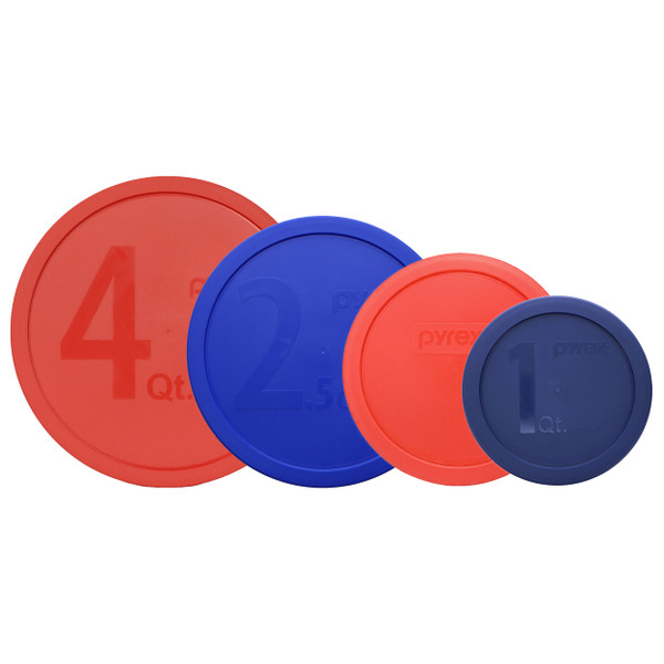 Pyrex 326-PC Red 4qt, 325-PC Cadet Blue 2.5qt, 323-PC Red 1.5qt, and 322-PC Blue 1qt Mixing Bowl Lids